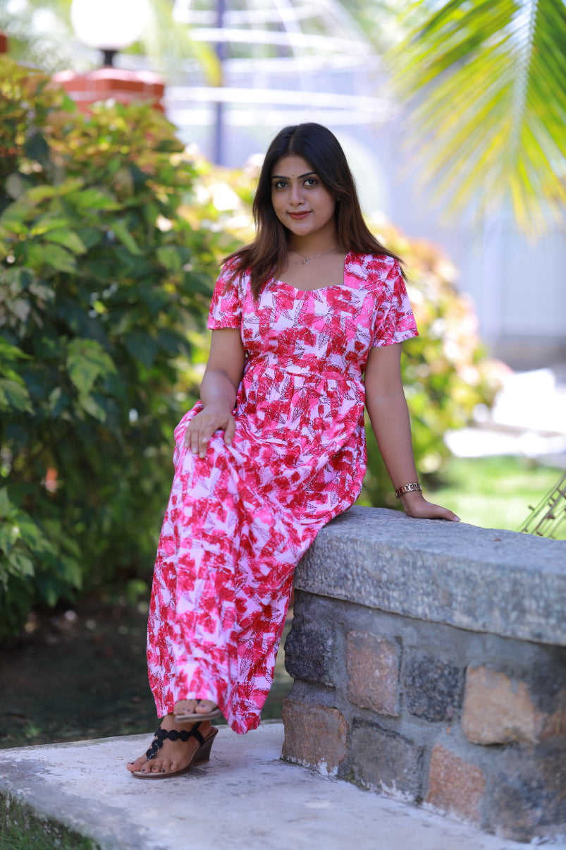 Light Pink With Dark Pink Leaf Without zip  Frock