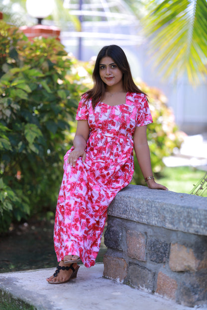 Light Pink With Dark Pink Leaf Without zip  Frock
