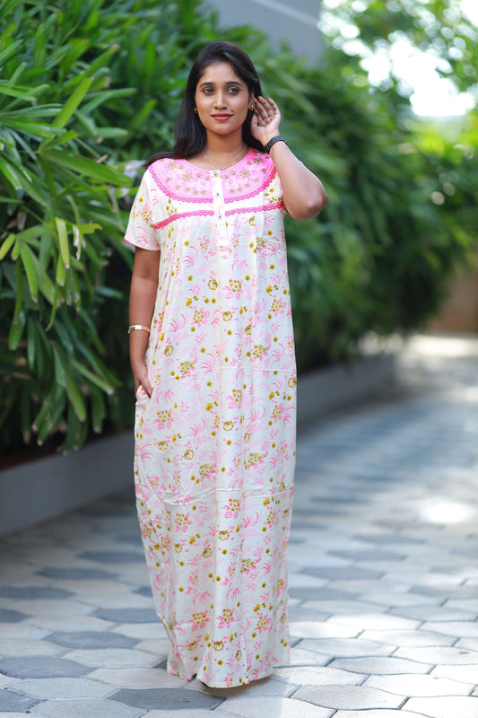 Super SPL - Embroidery Neck- Baby Pink With Light Sandal Flower design Nighty