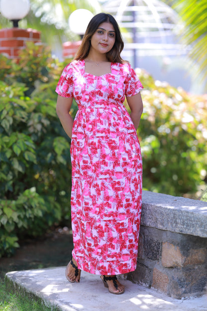 Light Pink With Dark Pink Leaf Without zip  Frock