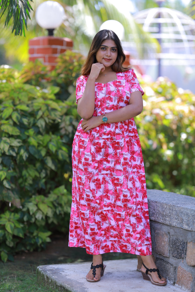 Light Pink With Dark Pink Leaf Without zip  Frock