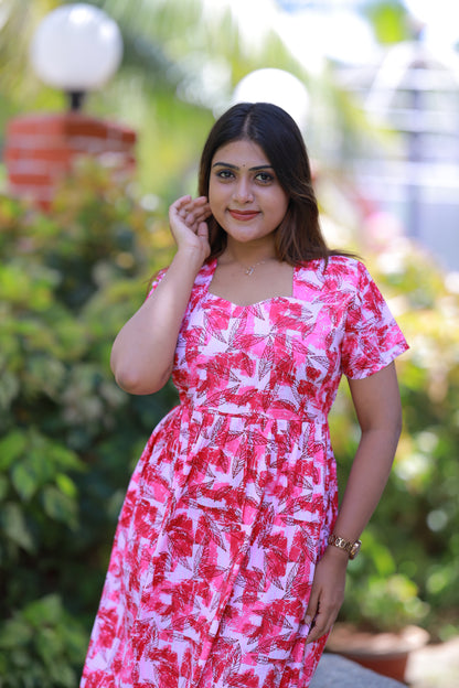 Light Pink With Dark Pink Leaf Without zip  Frock