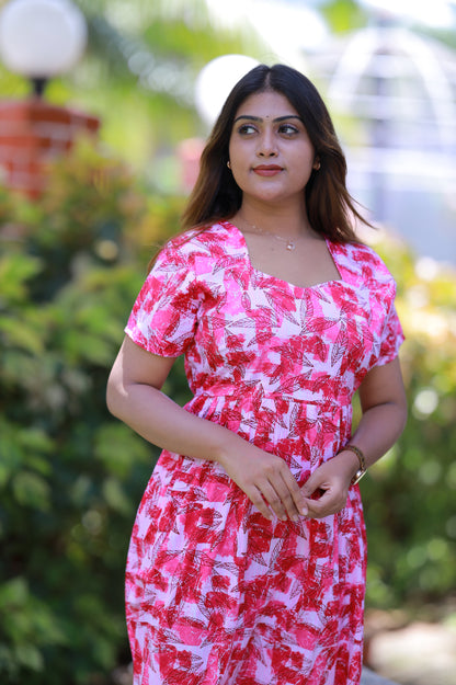 Light Pink With Dark Pink Leaf Without zip  Frock