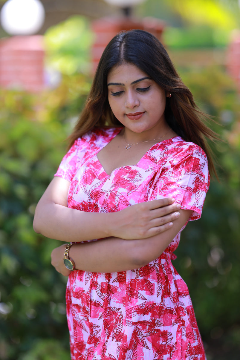 Light Pink With Dark Pink Leaf Without zip  Frock