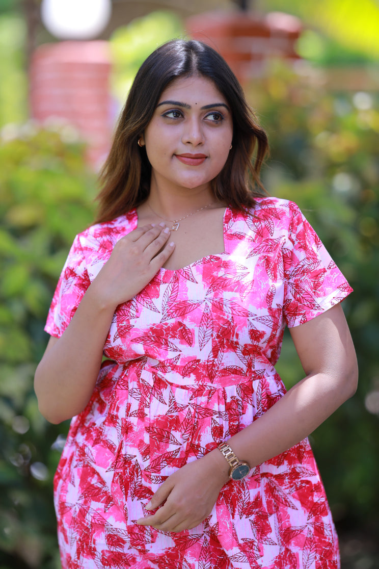 Light Pink With Dark Pink Leaf Without zip  Frock
