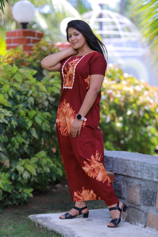 Dark Brown With Maroon Tie and Dye Lace Model Without Zip Nighty
