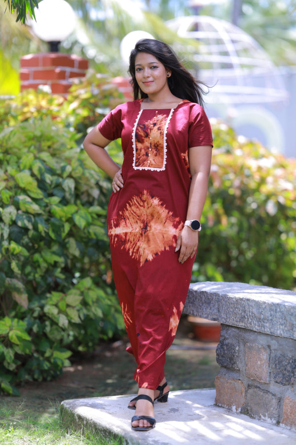 Dark Brown With Maroon Tie and Dye Lace Model Without Zip Nighty