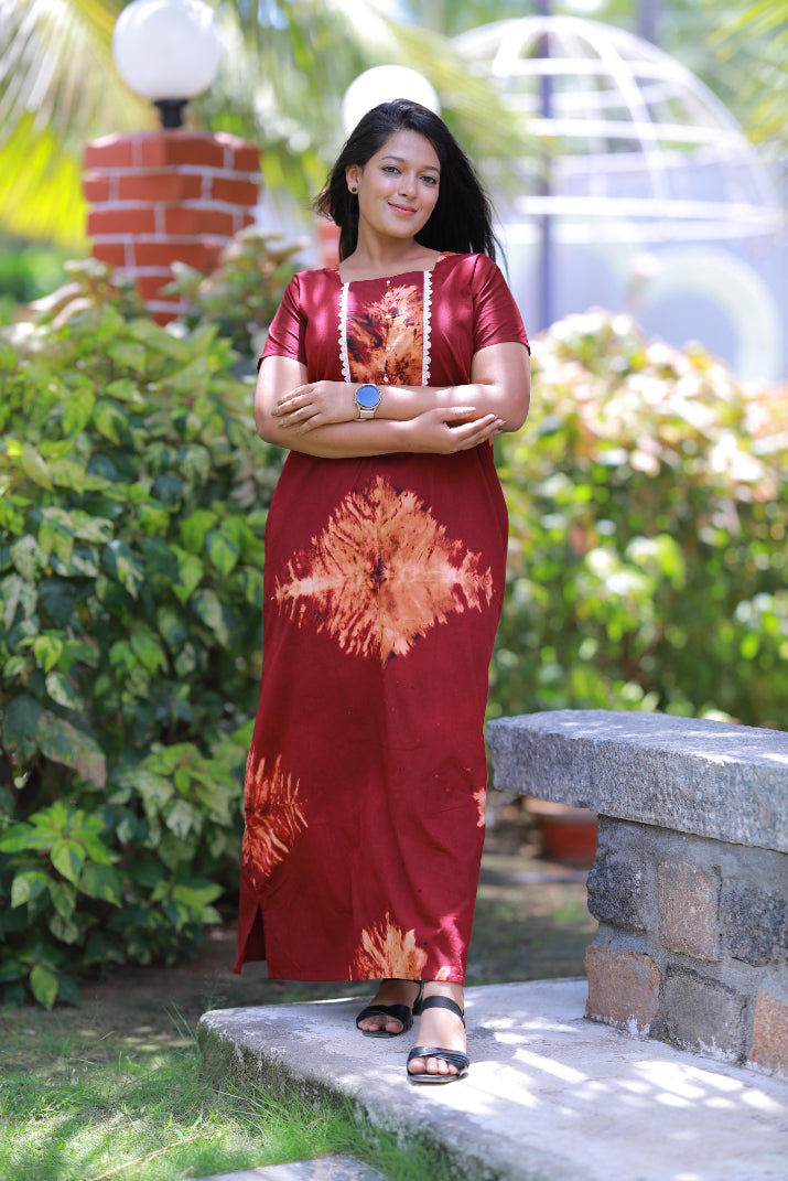 Dark Brown With Maroon Tie and Dye Lace Model Without Zip Nighty