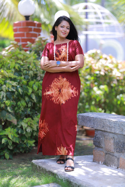 Dark Brown With Maroon Tie and Dye Lace Model Without Zip Nighty