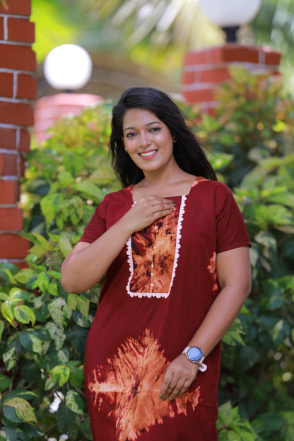 Dark Brown With Maroon Tie and Dye Lace Model Without Zip Nighty