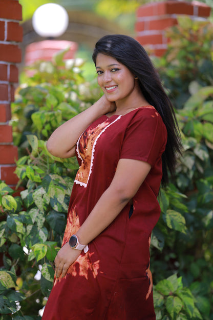 Dark Brown With Maroon Tie and Dye Lace Model Without Zip Nighty