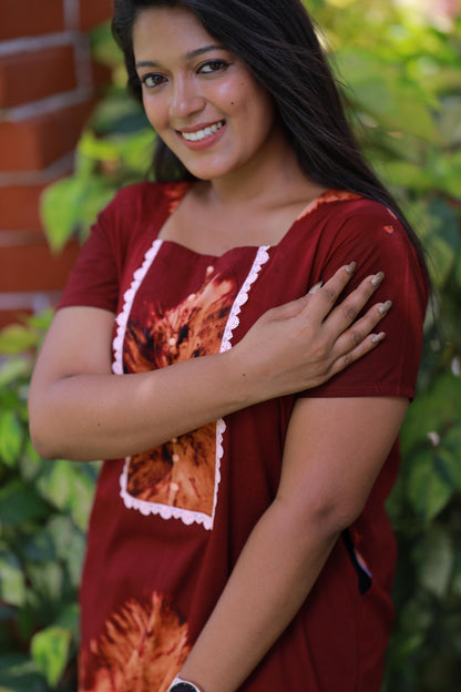 Dark Brown With Maroon Tie and Dye Lace Model Without Zip Nighty