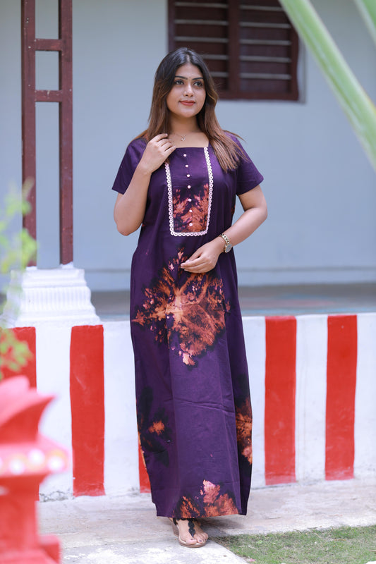 Dark violet  Tie and Dye Design Without Zip Nighty