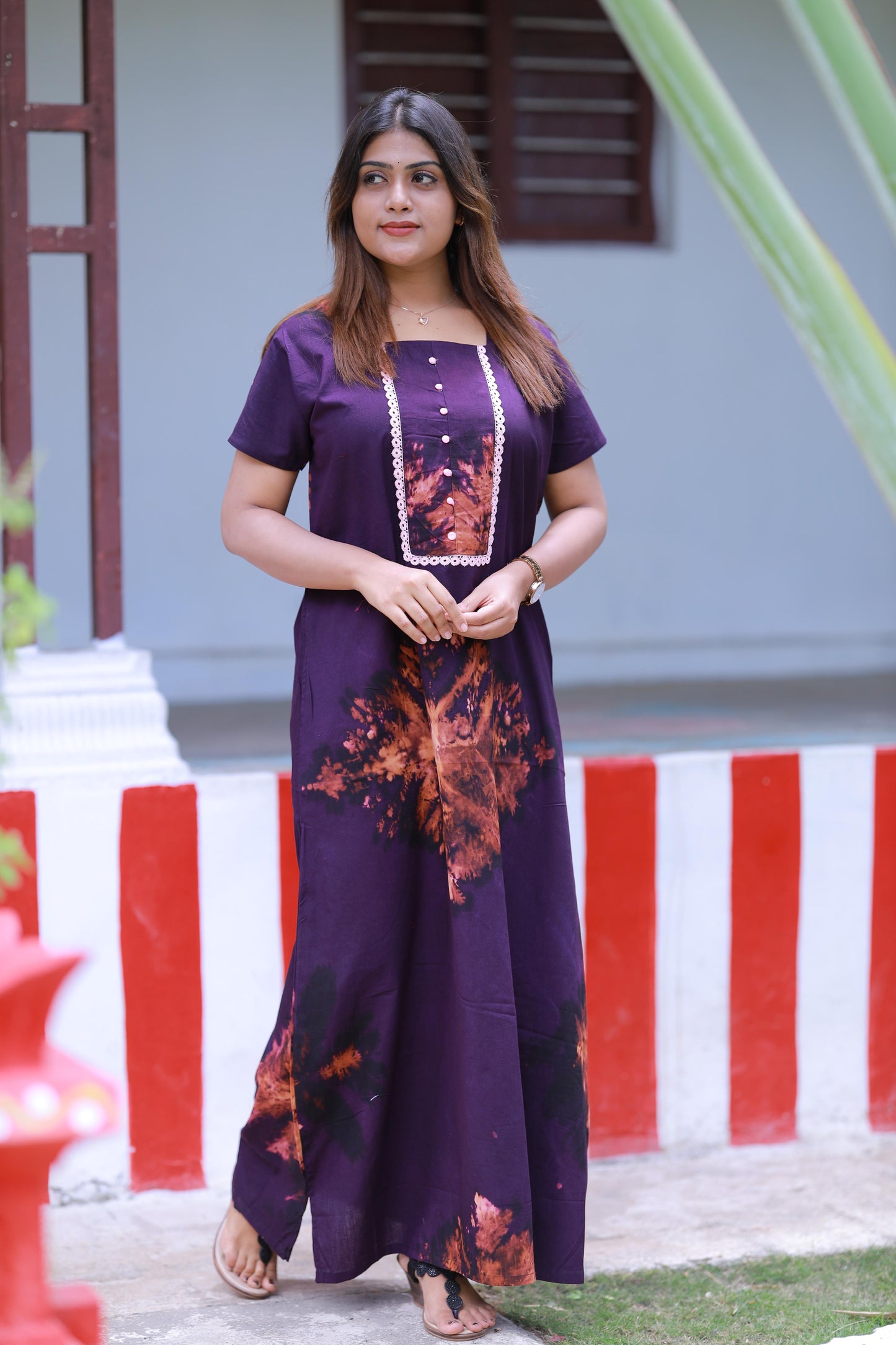 Dark violet  Tie and Dye Design Without Zip Nighty