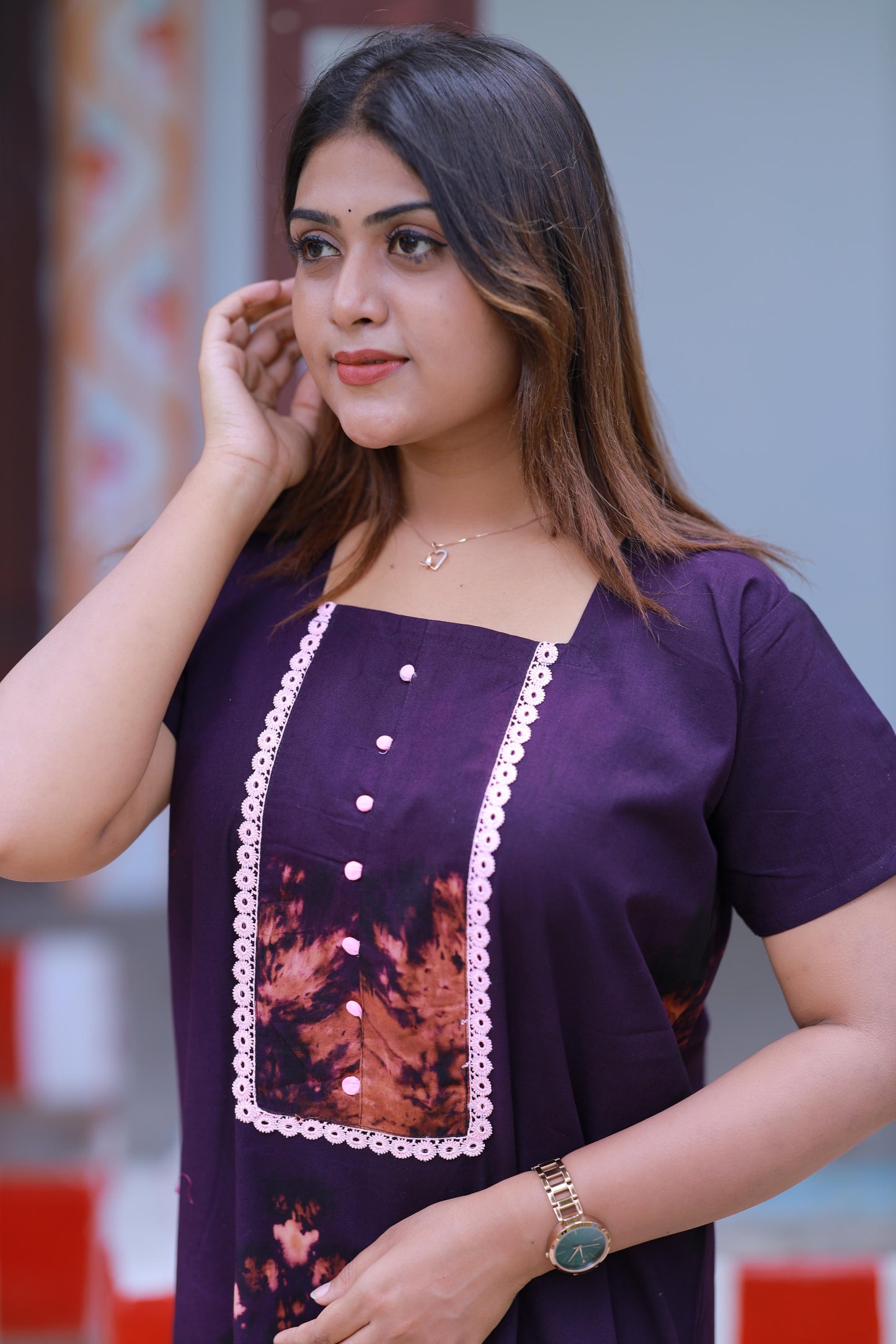 Dark violet  Tie and Dye Design Without Zip Nighty