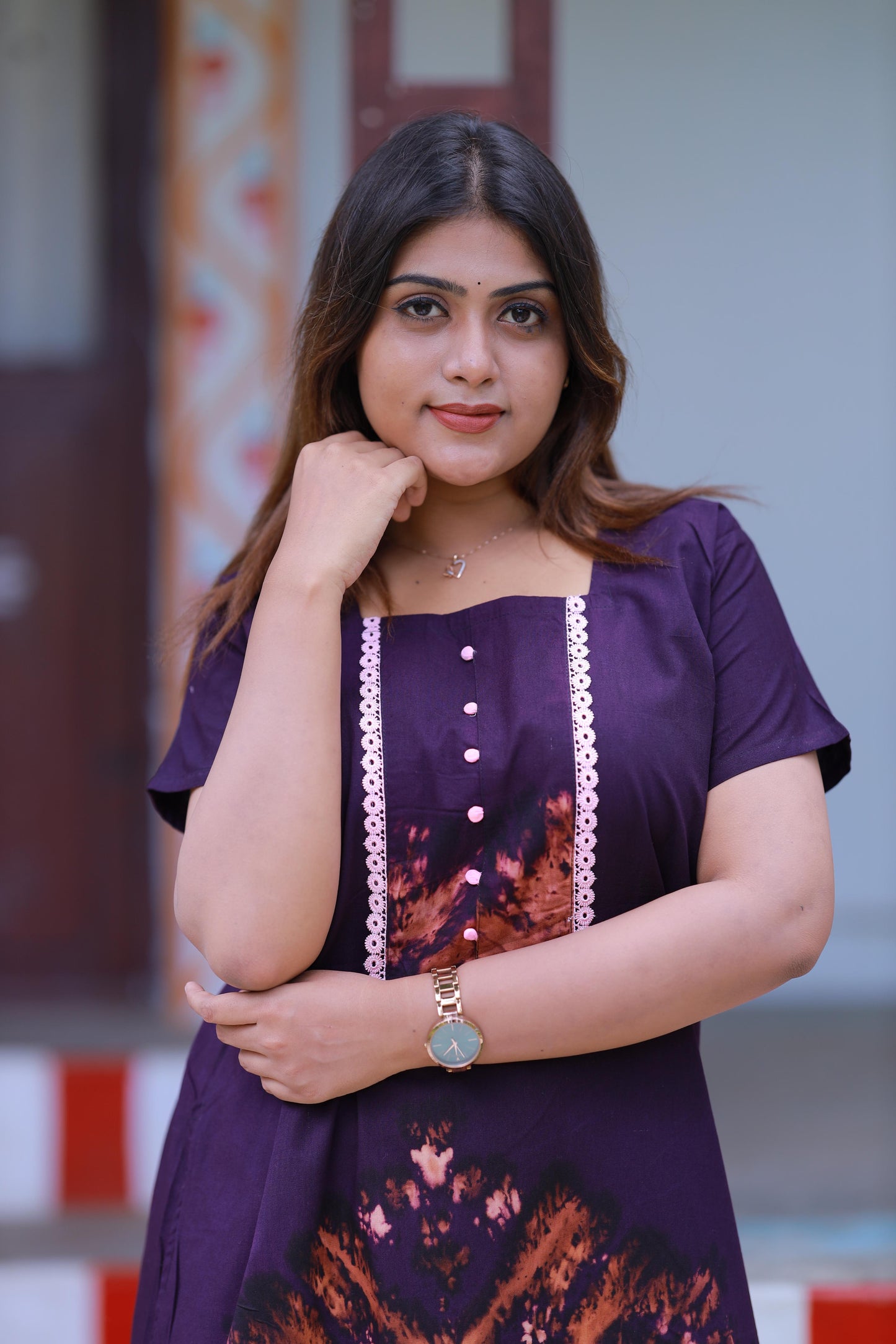 Dark violet  Tie and Dye Design Without Zip Nighty