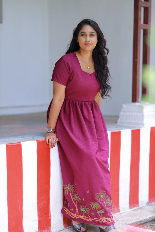 Deep Purple Cotton Blend Model Embroidery desinge center zip Frock