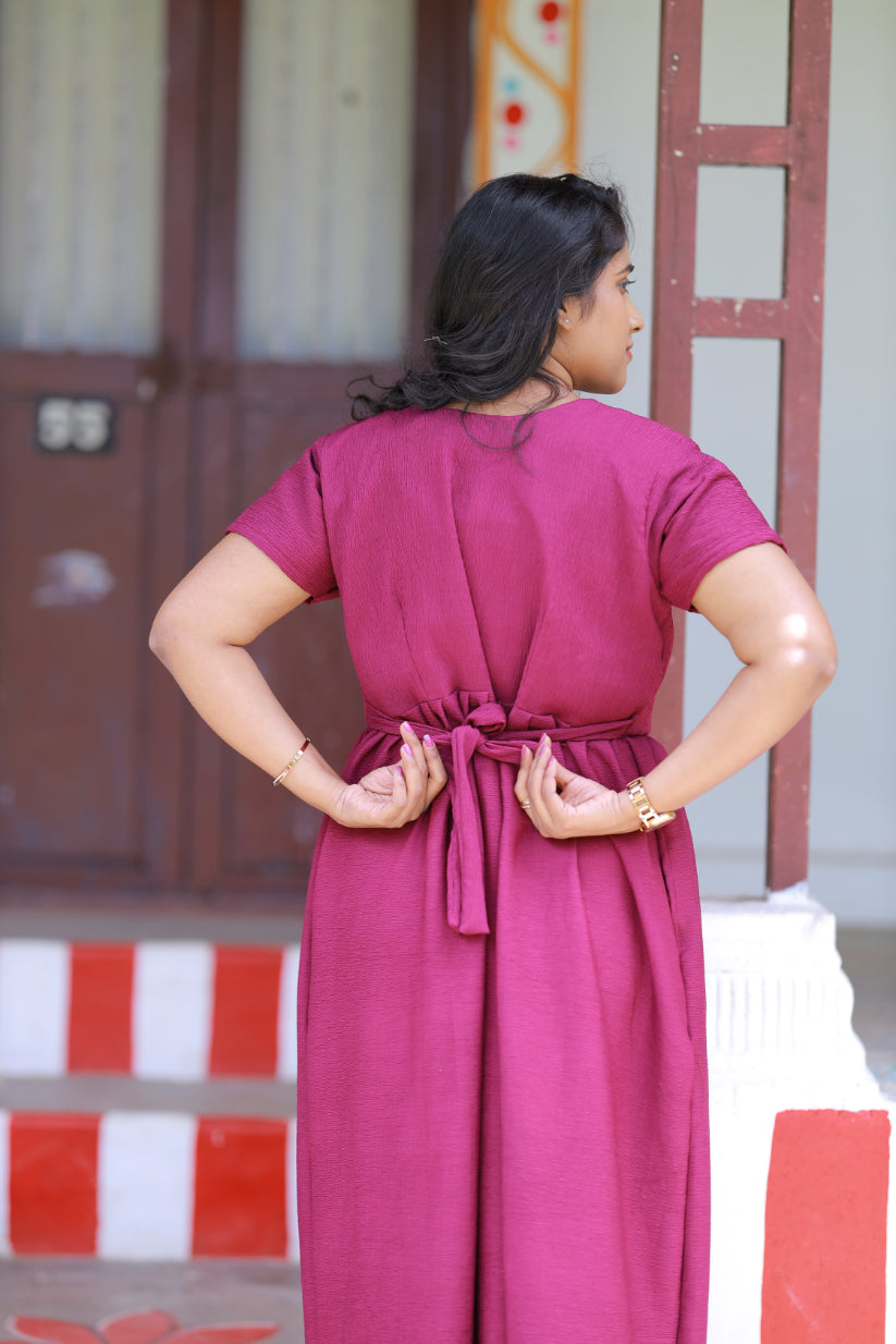 Deep Purple Cotton Blend Model Embroidery desinge center zip Frock