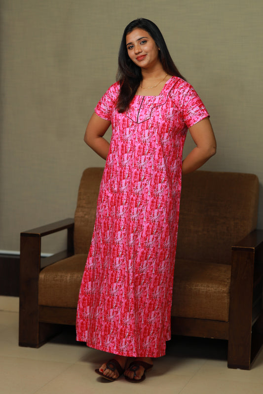 Pink with White digital design Piping Without Zip Nighty