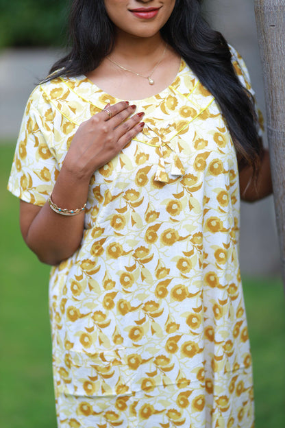 FANCY  - Yellow With White Flowers Design Piping Without Zip Nighty