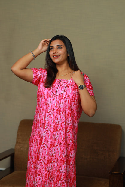 Pink with White digital design Piping Without Zip Nighty