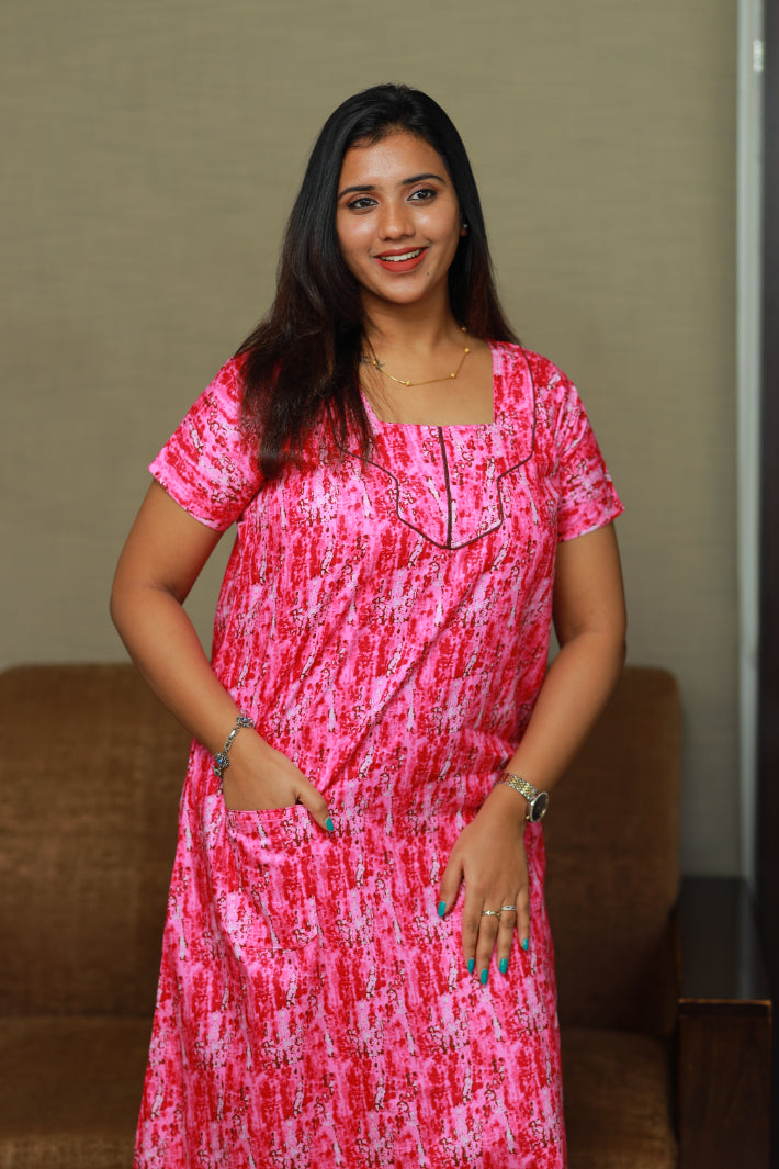 Pink with White digital design Piping Without Zip Nighty