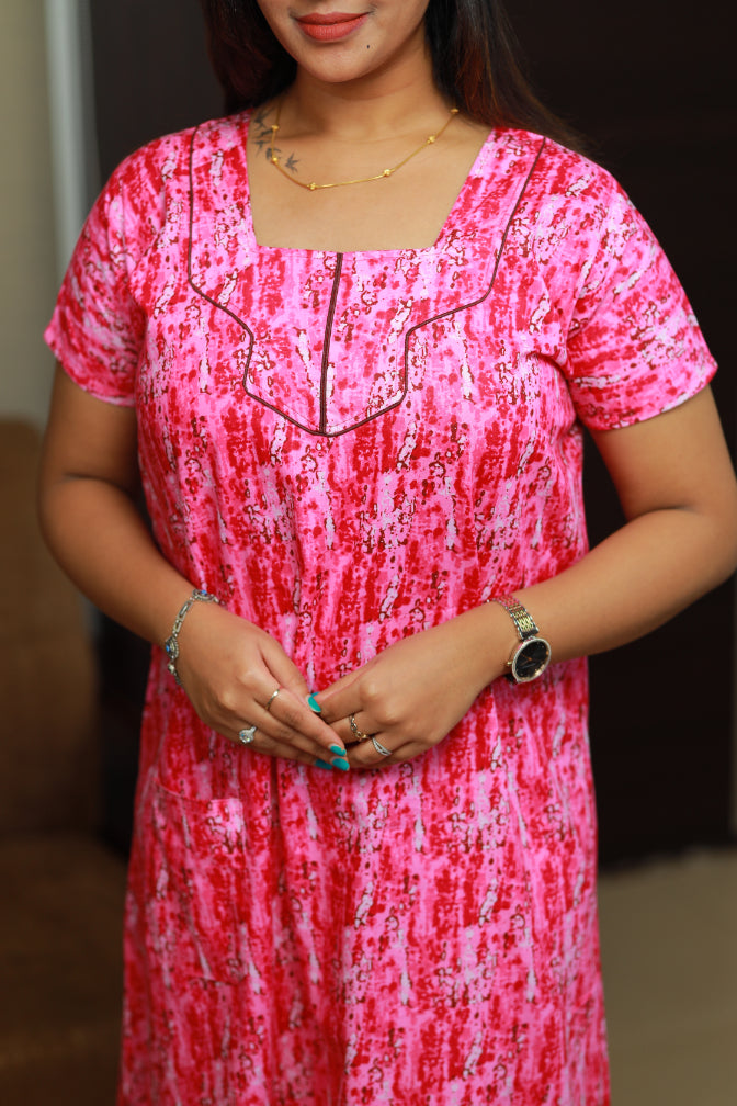 Pink with White digital design Piping Without Zip Nighty