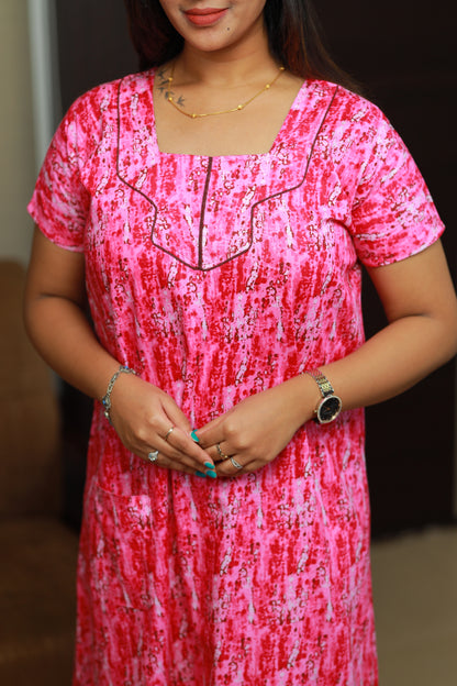 Pink with White digital design Piping Without Zip Nighty
