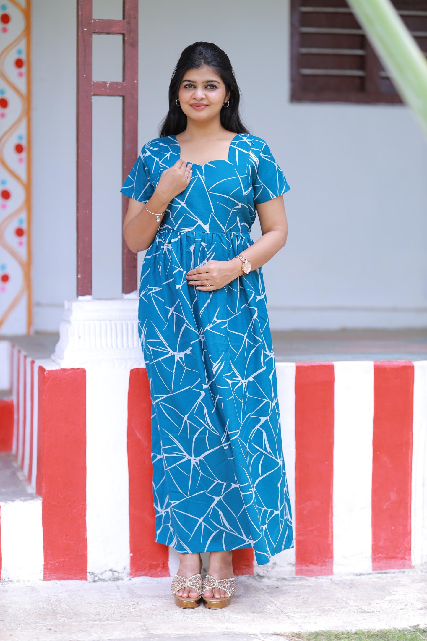 Ramer Blue with White Pattern Alphine design sidezip Frock