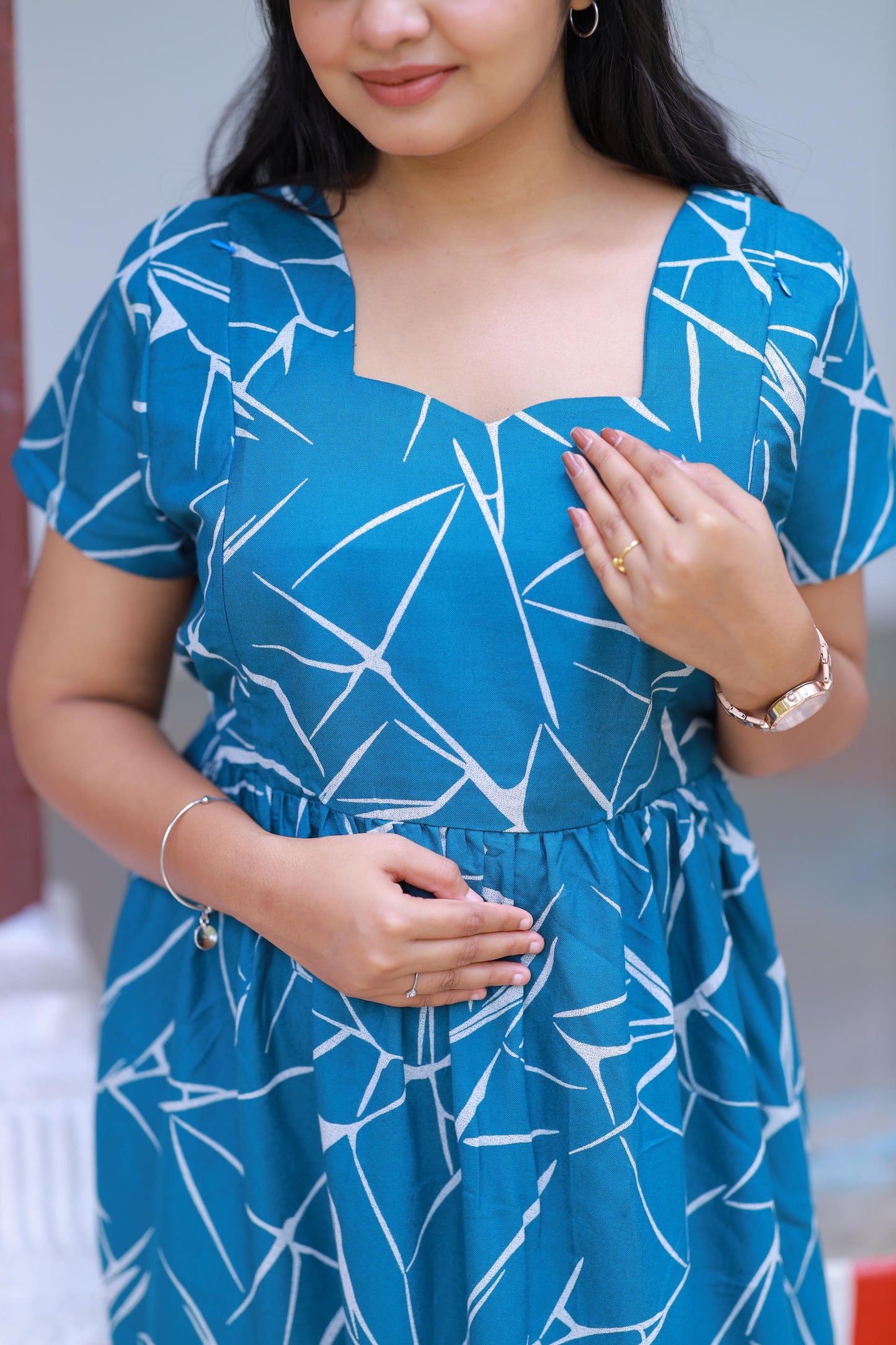 Ramer Blue with White Pattern Alphine design sidezip Frock
