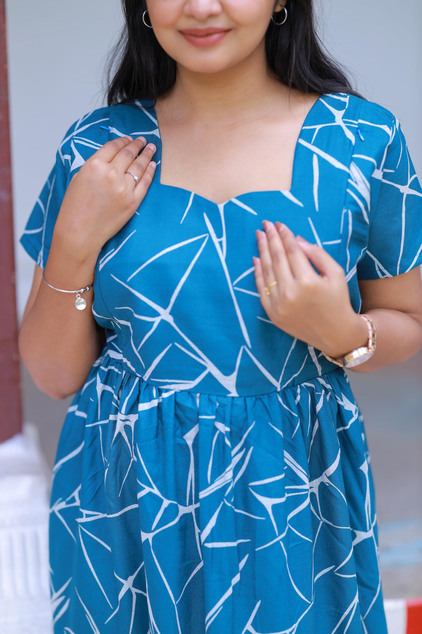 Ramer Blue with White Pattern Alphine design sidezip Frock
