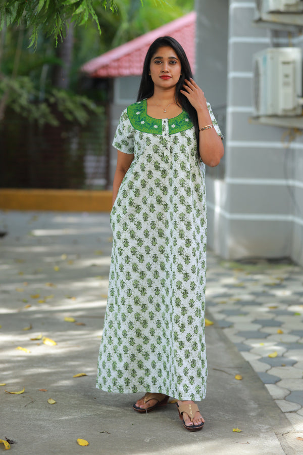 White butta Jaipur cotton with Embroidery Neck Nighty with buttons