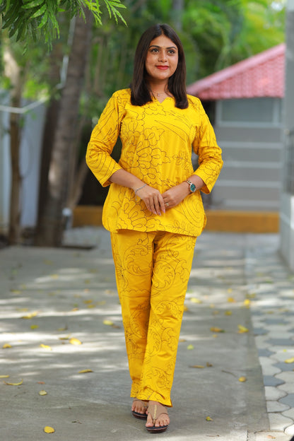 solid Yellow Vibrant Color Pure cotton Embroidery co ord set (2 set )