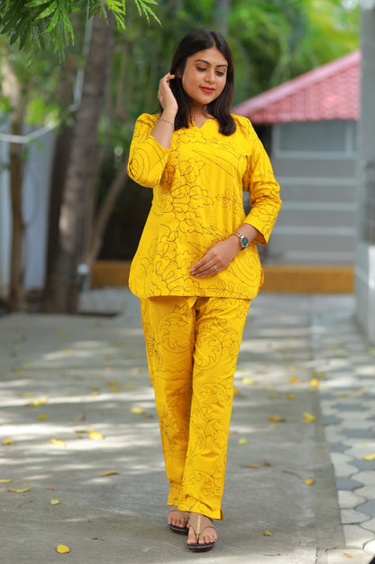 solid Yellow Vibrant Color Pure cotton Embroidery co ord set (2 set )