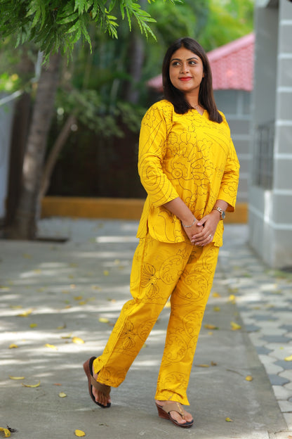 solid Yellow Vibrant Color Pure cotton Embroidery co ord set (2 set )