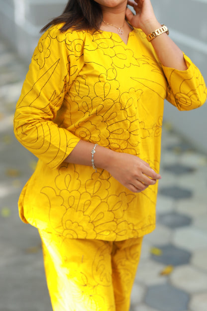 solid Yellow Vibrant Color Pure cotton Embroidery co ord set (2 set )