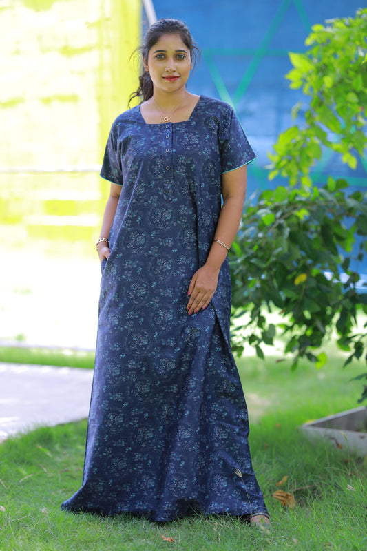 Dark Blue With Sky Blue Flower  Button Type Premium Nighty