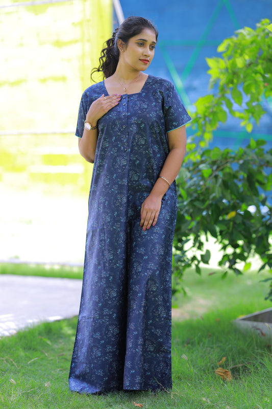 Dark Blue With Sky Blue Flower  Button Type Premium Nighty