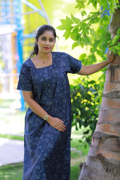 Dark Blue With Sky Blue Flower  Button Type Premium Nighty