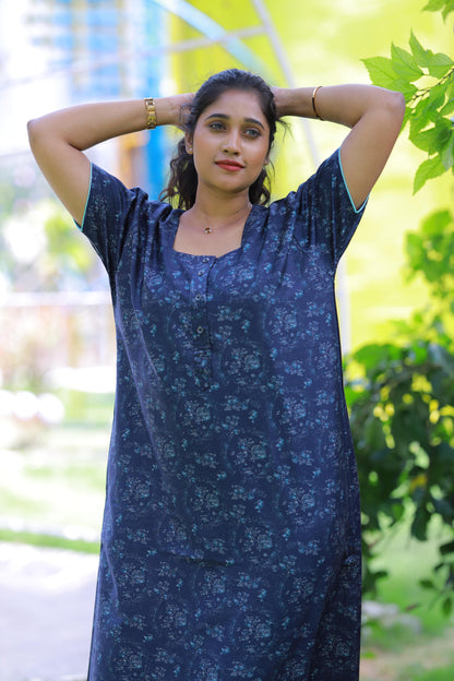 Dark Blue With Sky Blue Flower  Button Type Premium Nighty