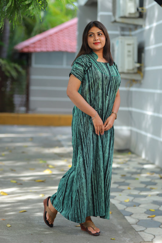 Green with Black Stripes Collar Nighty
