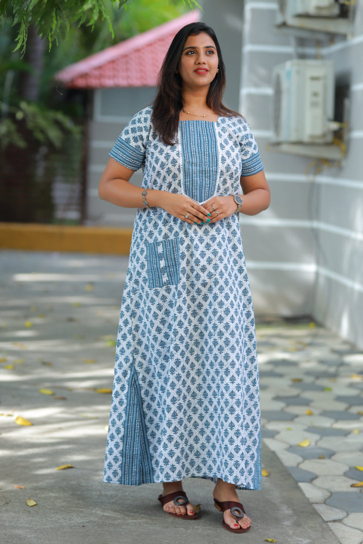 White with Grey Butta Design Piping Without Zip Nighty