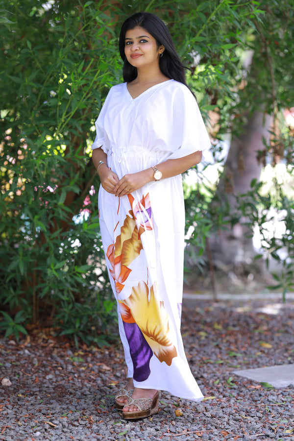 White With Blue and Orange Flower casual cotton kaftan with center zip