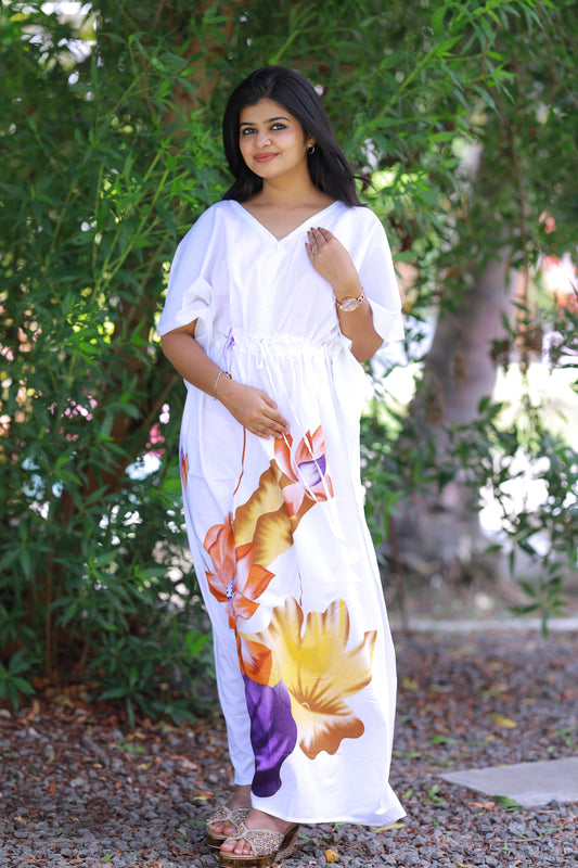 White With Flower design casual cotton kaftan with center zip