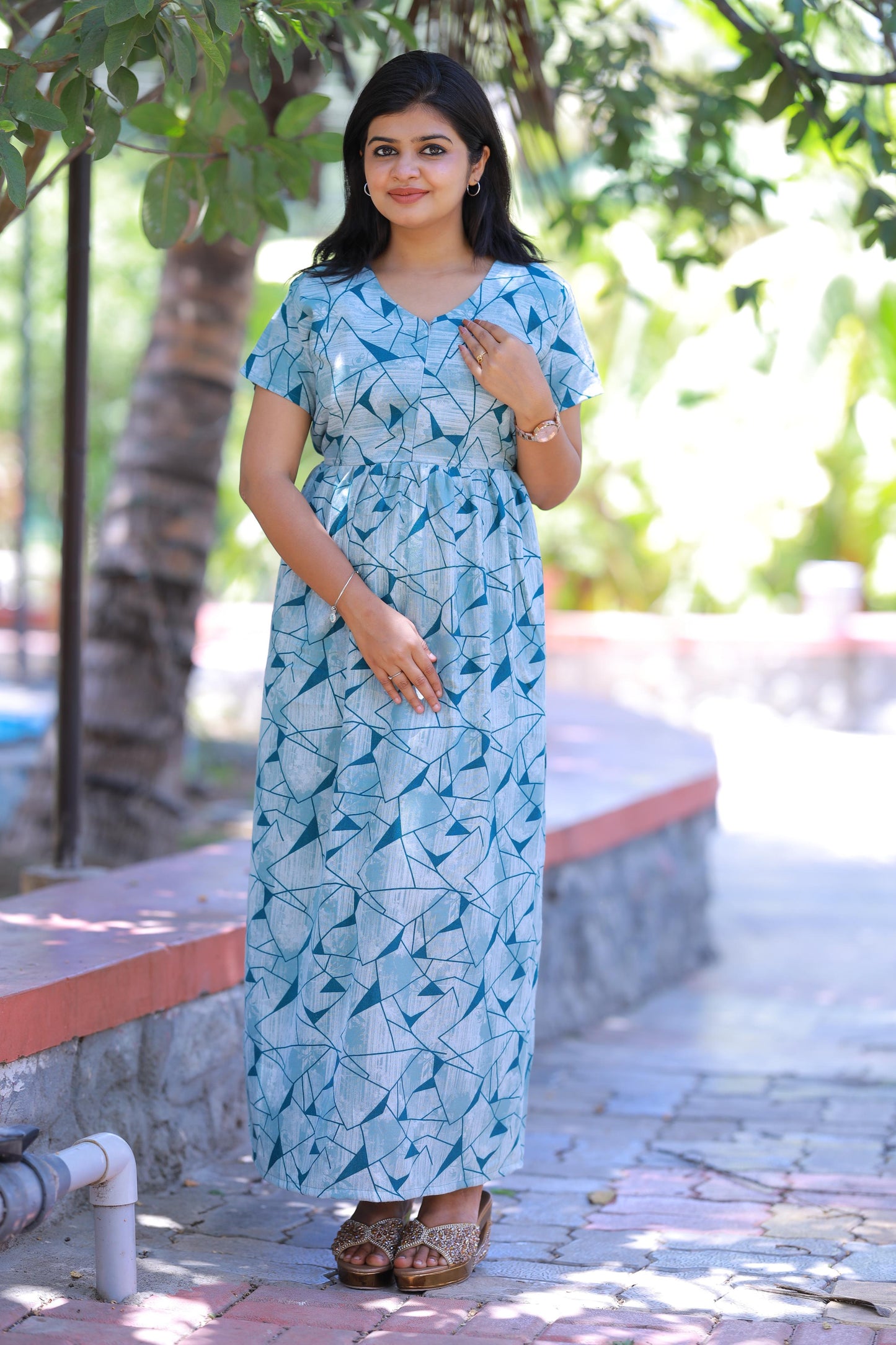 Blue with Off White Pattern design Alphine Center zip Frock