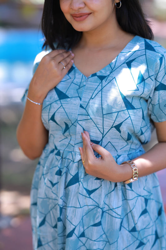 Blue with Off White Pattern design Alphine Center zip Frock