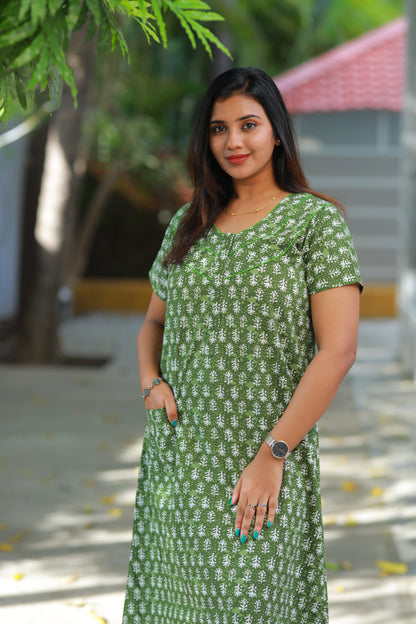 Green with White Jaipur Print Piping Zip Nighty