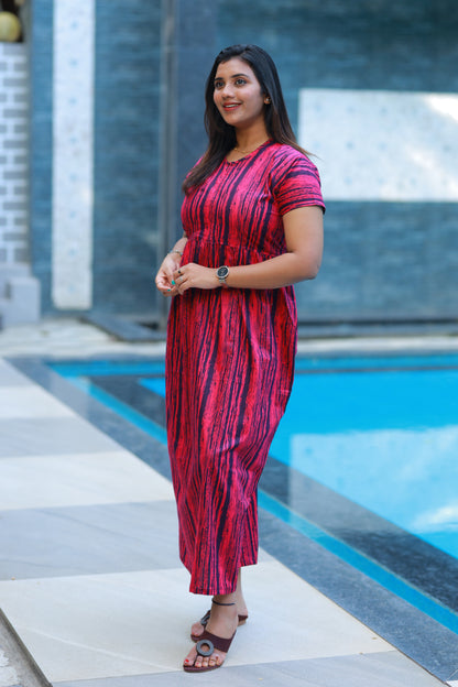 Dark Pink with Black stripes design center zip Frock