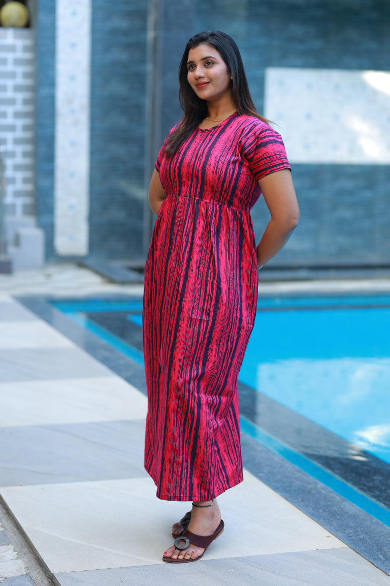 Dark Pink with Black stripes design center zip Frock