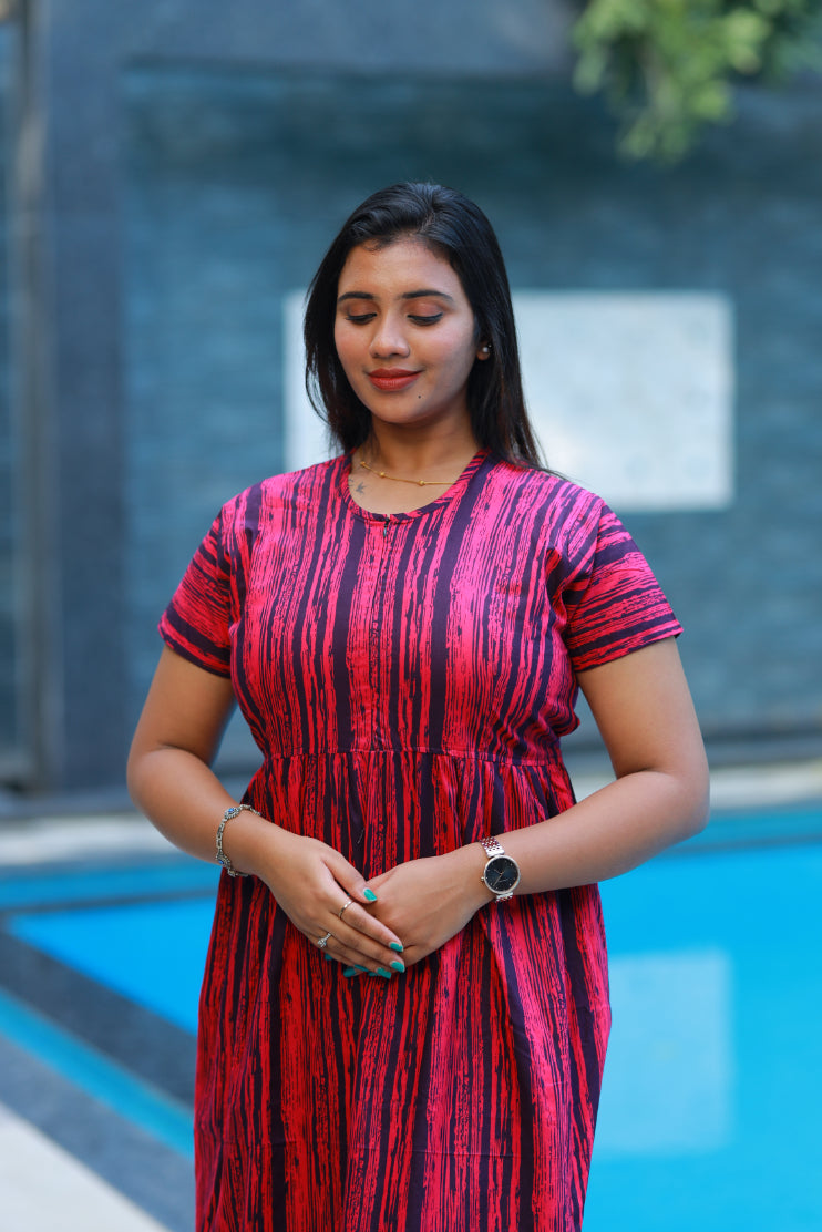 Dark Pink with Black stripes design center zip Frock